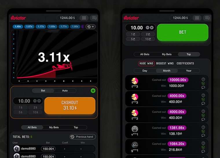 Aviator on a phone: the round at 3.11x with the cash-out button live, and the list of the biggest wins and coefficients beside it