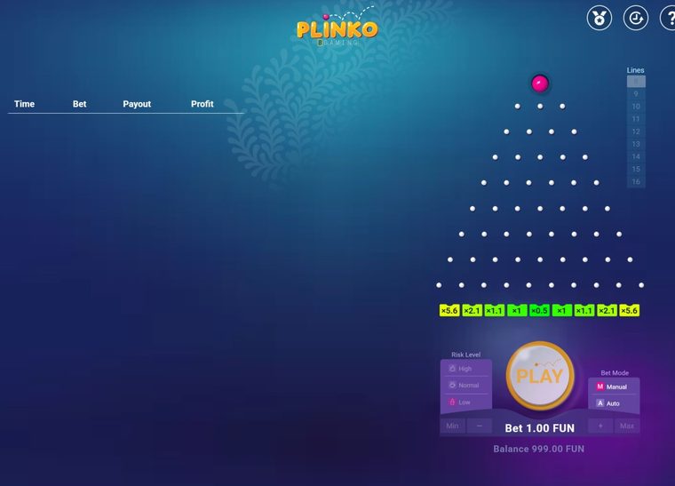 Plinko before a drop: the ball waiting at the top of the pyramid, the row of multipliers along the bottom and the risk and rows controls beside the Play button